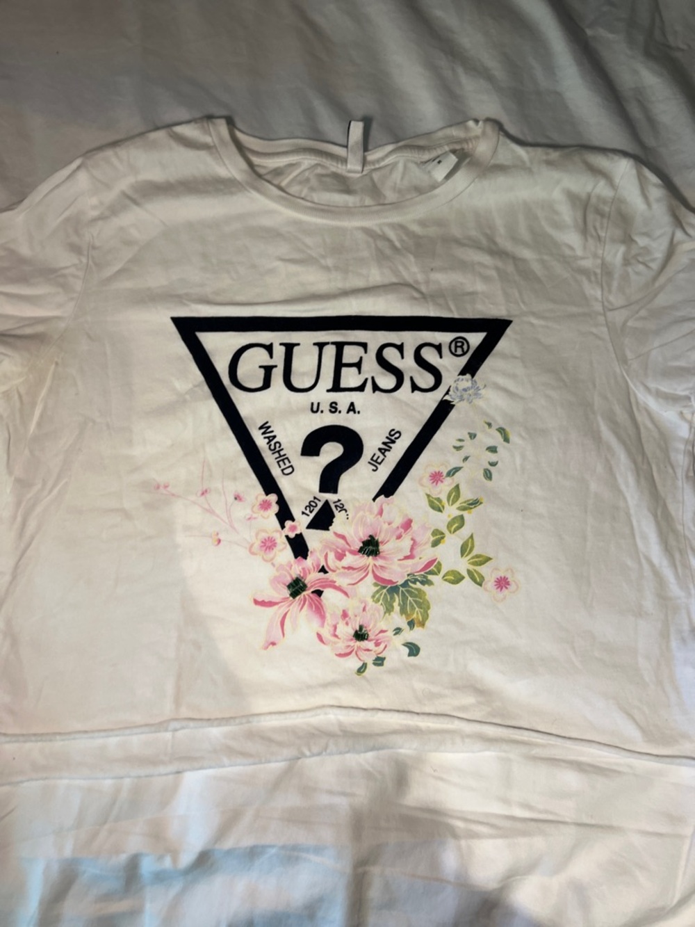GUESS White Tee with Black Logo and Pink Floral Accent